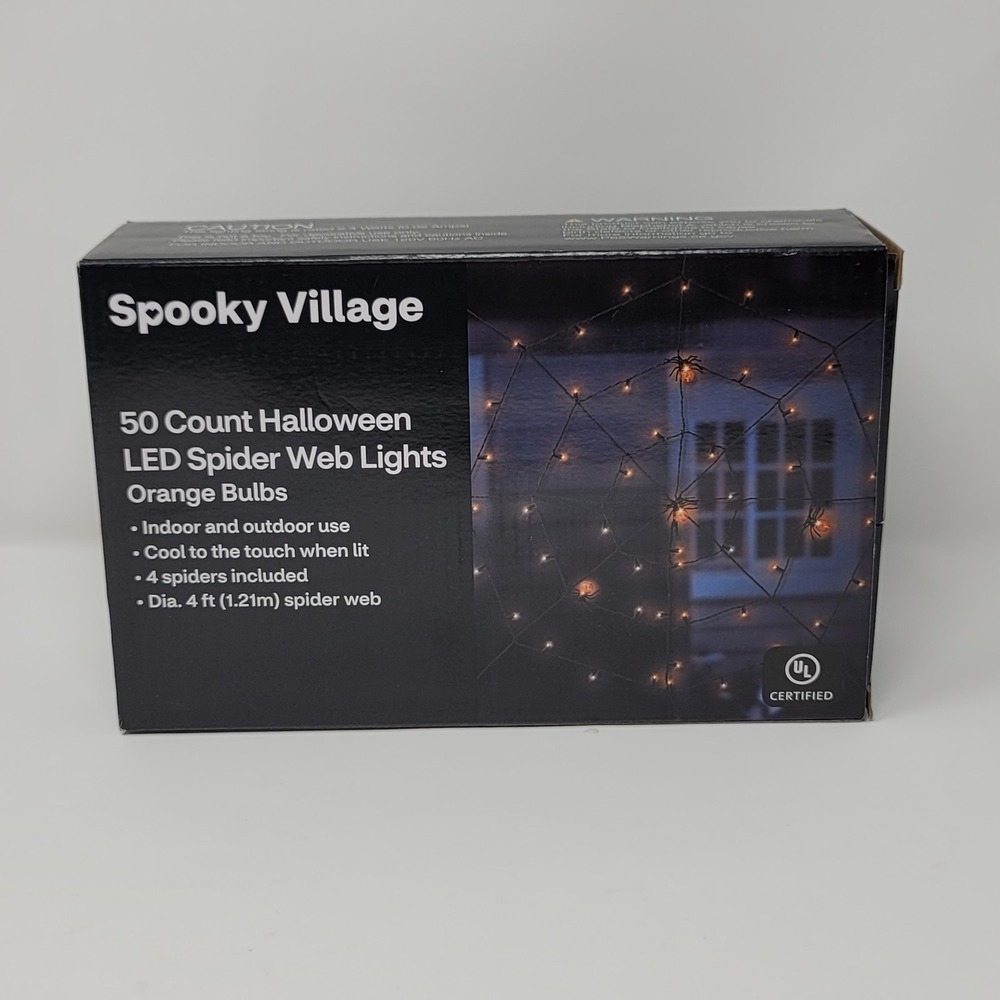 Spooky Village Spider Web LED Lights 50 Count Orange Bulbs Indoor Outdoor Use‎